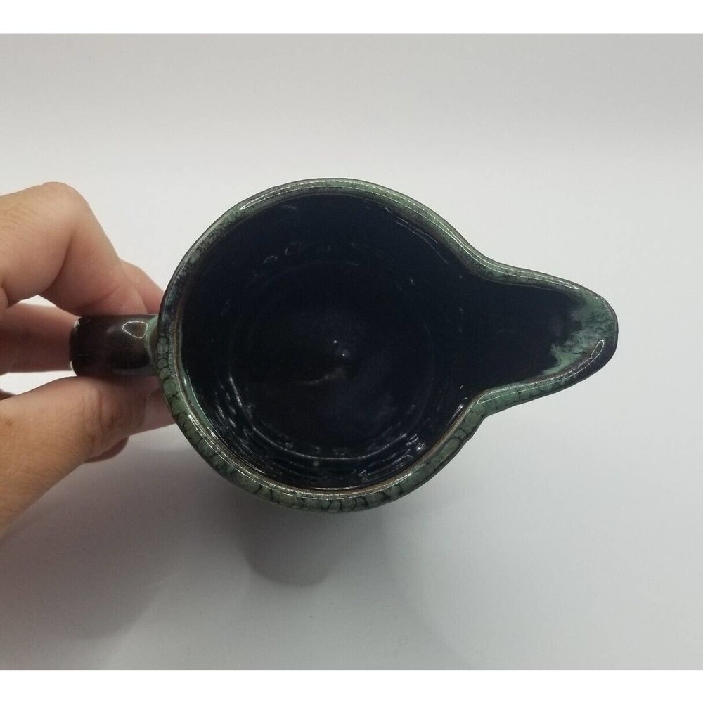 Vintage Japan Dark Brown Green Drip Glaze Trigger Handle Pottery Creamer Pitcher - Picture 5 of 9